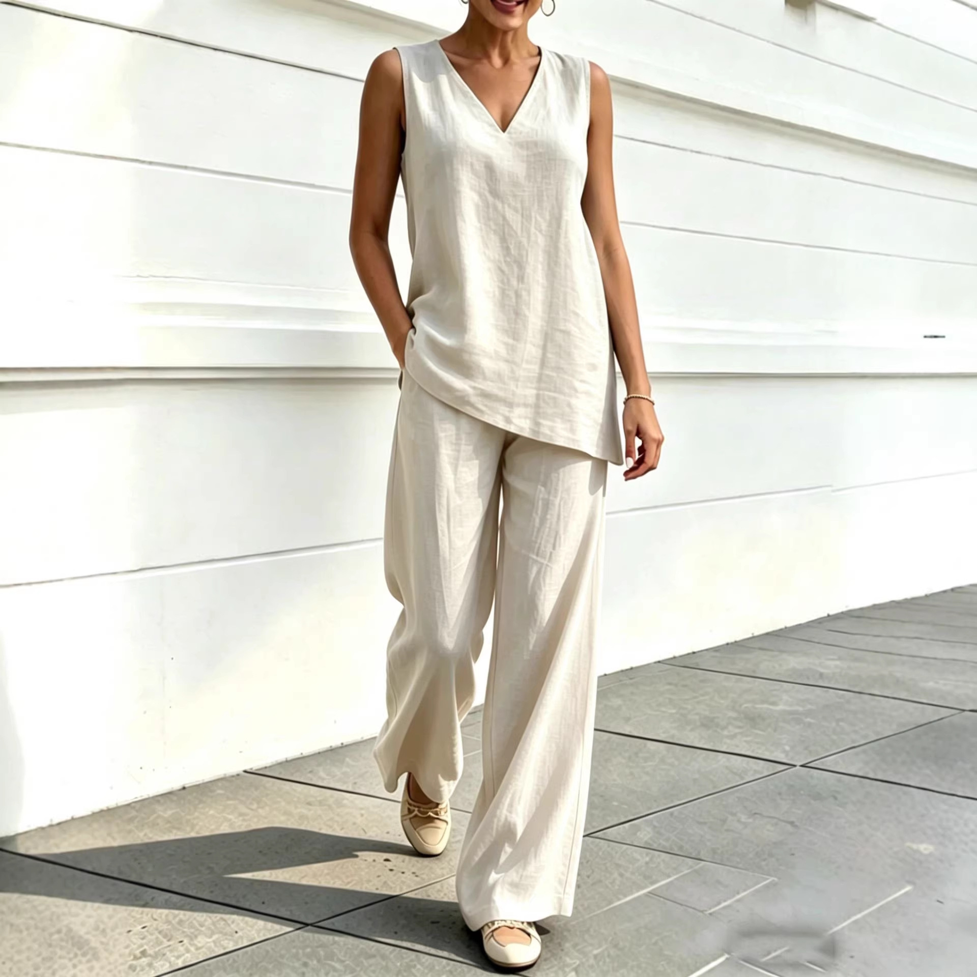 Womens V-neck Sleeveless Cotton-Linen Top And Wide-Leg Pants Set - Image 1