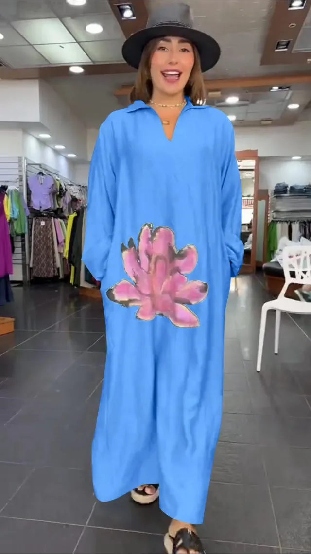 Urban Fashion Loose Flower V neck Long sleeve Dress Sky Blue - Shop at LoveMi