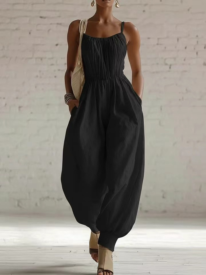 Women's sleeveless flare-leg jumpsuit styled – wide-leg knit low waist casual chic