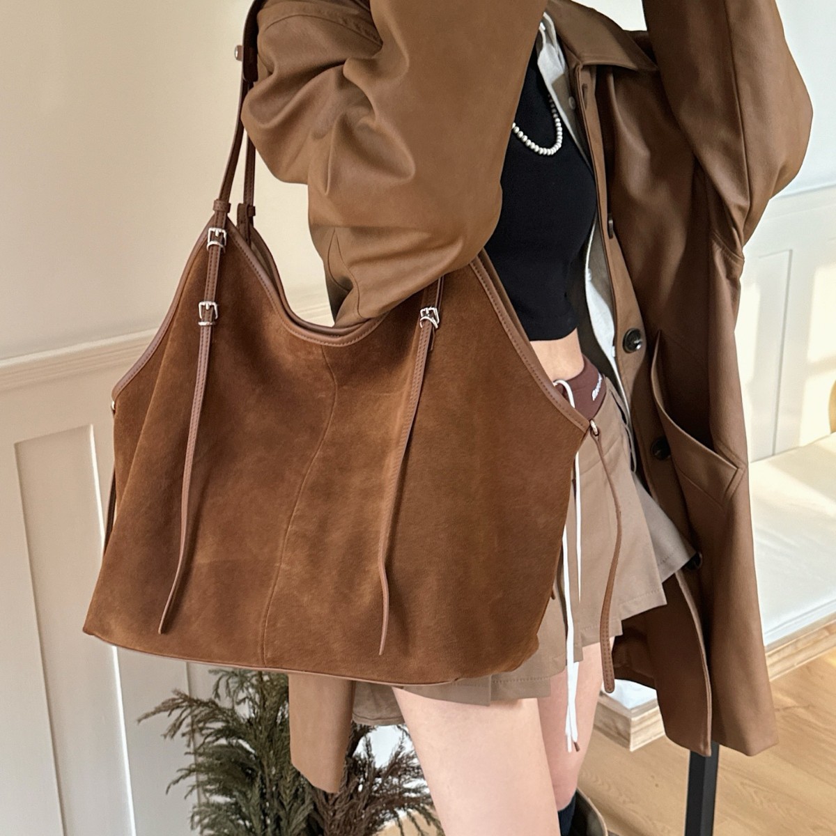 Suede Crossbody Bucket Bag, picture 3 of 6