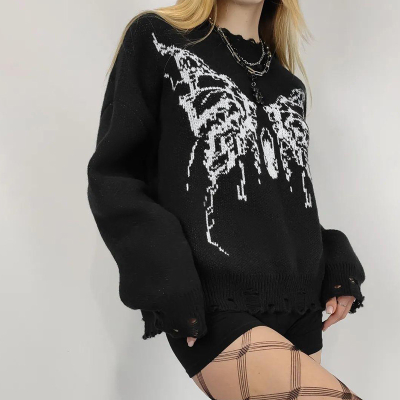 Dark Style Butterfly Print Loose Hole Long Sleeve New Sweater