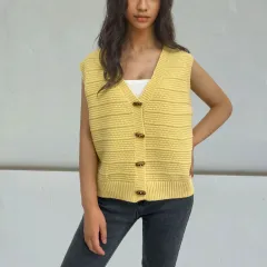 Horn Button Sleeveless V-neck Knitted Vest For Women - Yellow - View 1