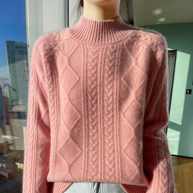 Woolen Mock Neck Sweater Women's Thickened Twisted All matching Pink - Shop at LoveMi