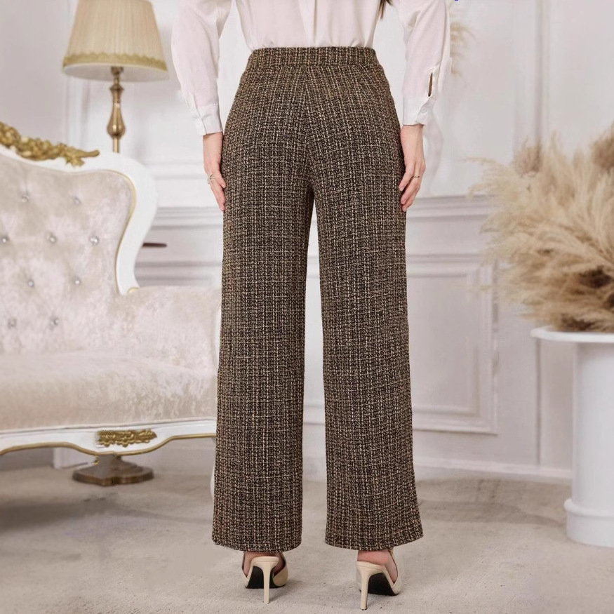 Versatile Classic Style Plaid Double-breasted Tweed High Waist Slimming Wide-leg Pants - Image 2
