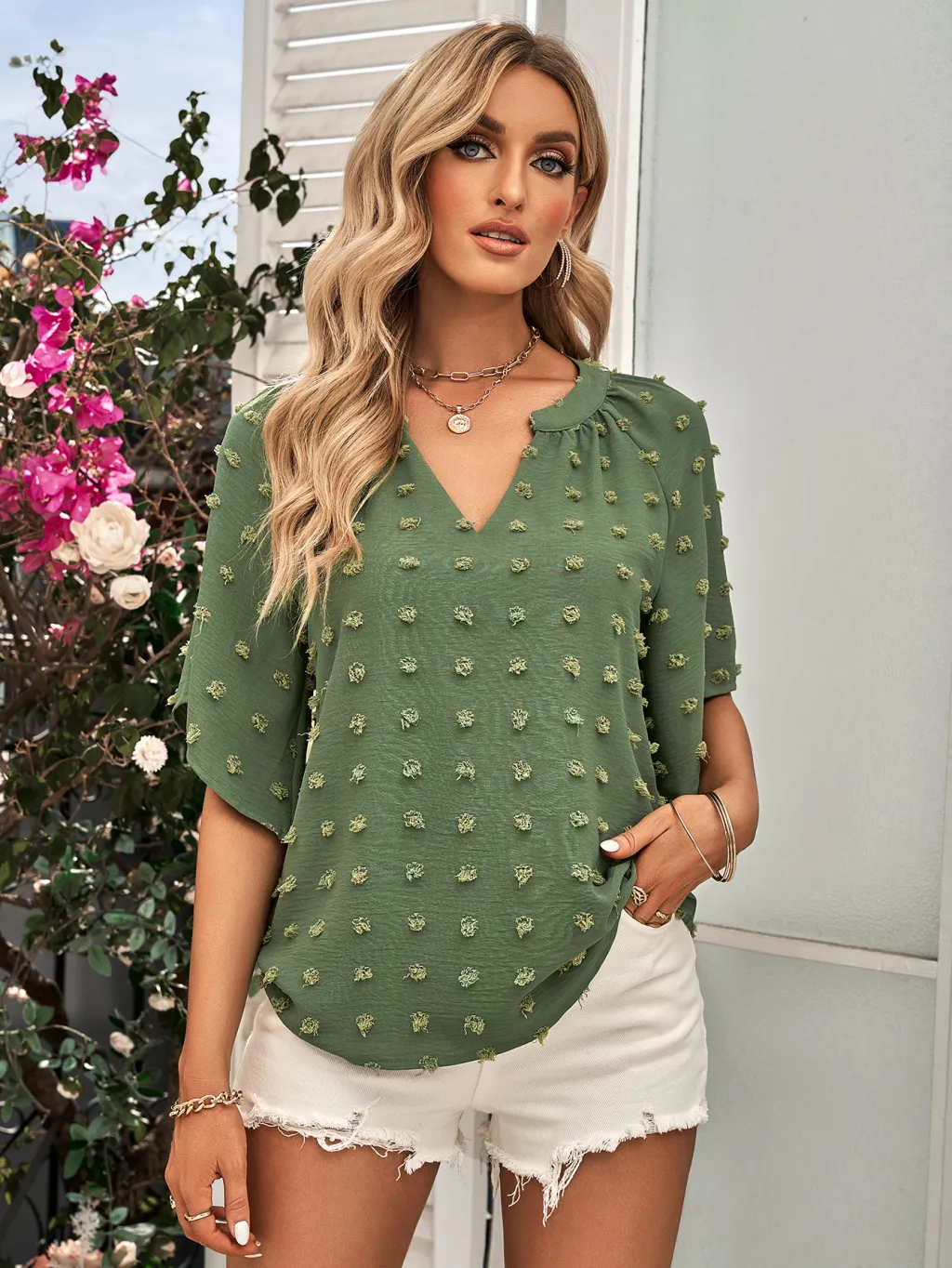 Women's Casual Style V-neck Solid Color Fur Ball Top - Green