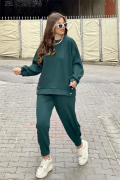 Metal Button Long Sleeve Shirt Sports Casual Ankle Banded Pants Suit - Green - View 1