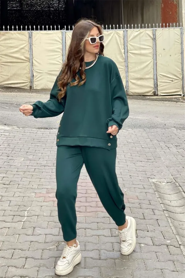 Metal Button Long Sleeve Shirt Sports Casual Ankle Banded Pants Suit Green - Shop at LoveMi