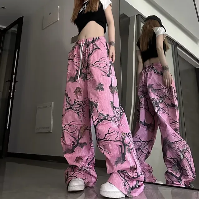 Dopamine Wear American Retro Branch Graffiti Casual Pants Pink - Shop at LoveMi