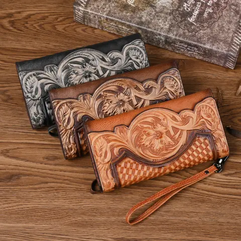 Chinese Style Embossed Wallet Women's First Layer Long Cowhide