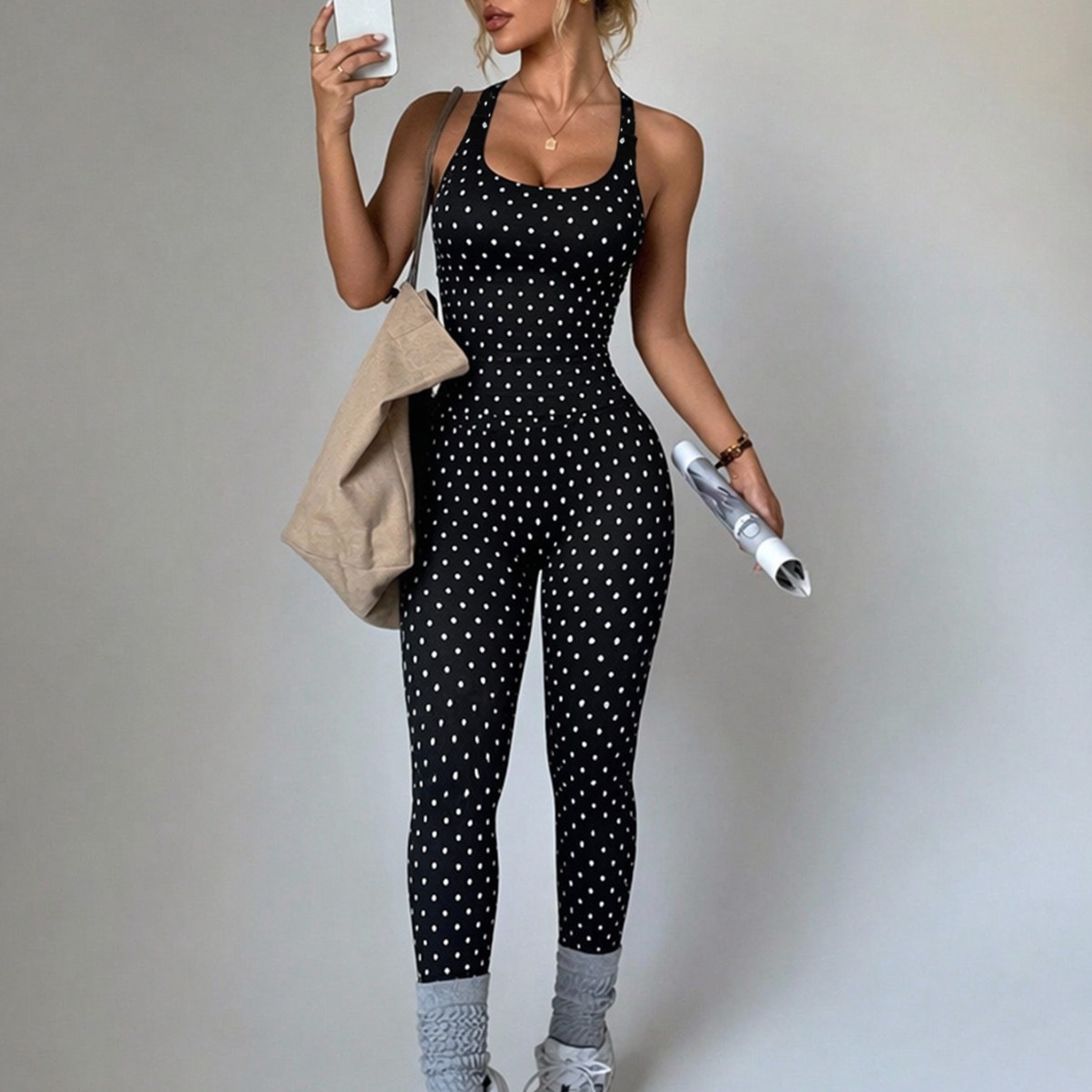 Top And Tight-fitting Long Pants Polka-dot Two-piece Set For Sports