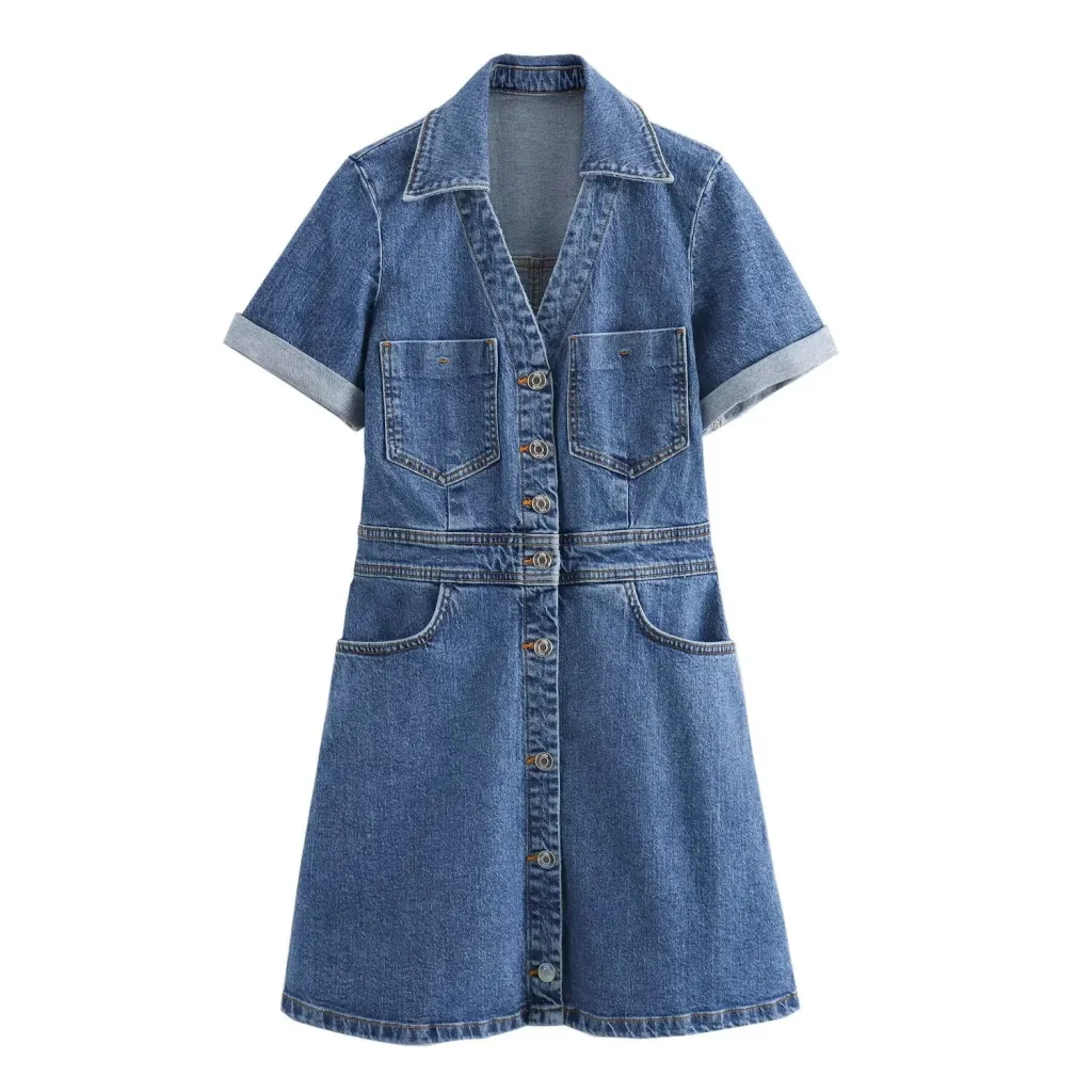 New Fashion Casual Breasted Mini Waist Denim Dress - Dark Blue