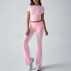 Casual Solid Colour Slim Fit Short Sleeve Trousers Suit - Pink - View 1