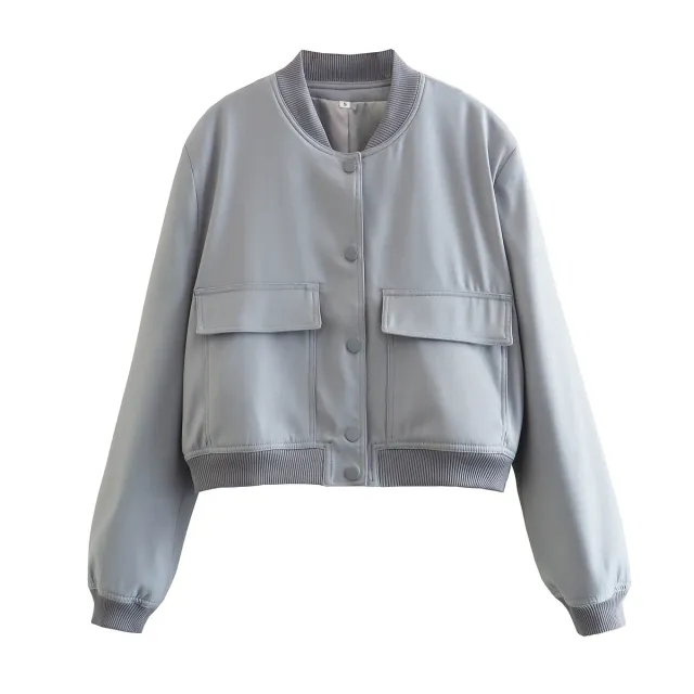 Autumn Y2g Stand Collar Double Pocket Biker Pilot Jacket Top Gray - Shop at LoveMi