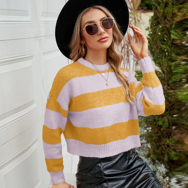 Outerwear Striped Contrast Color Mohair Sweater - Yellow Purple Stripe