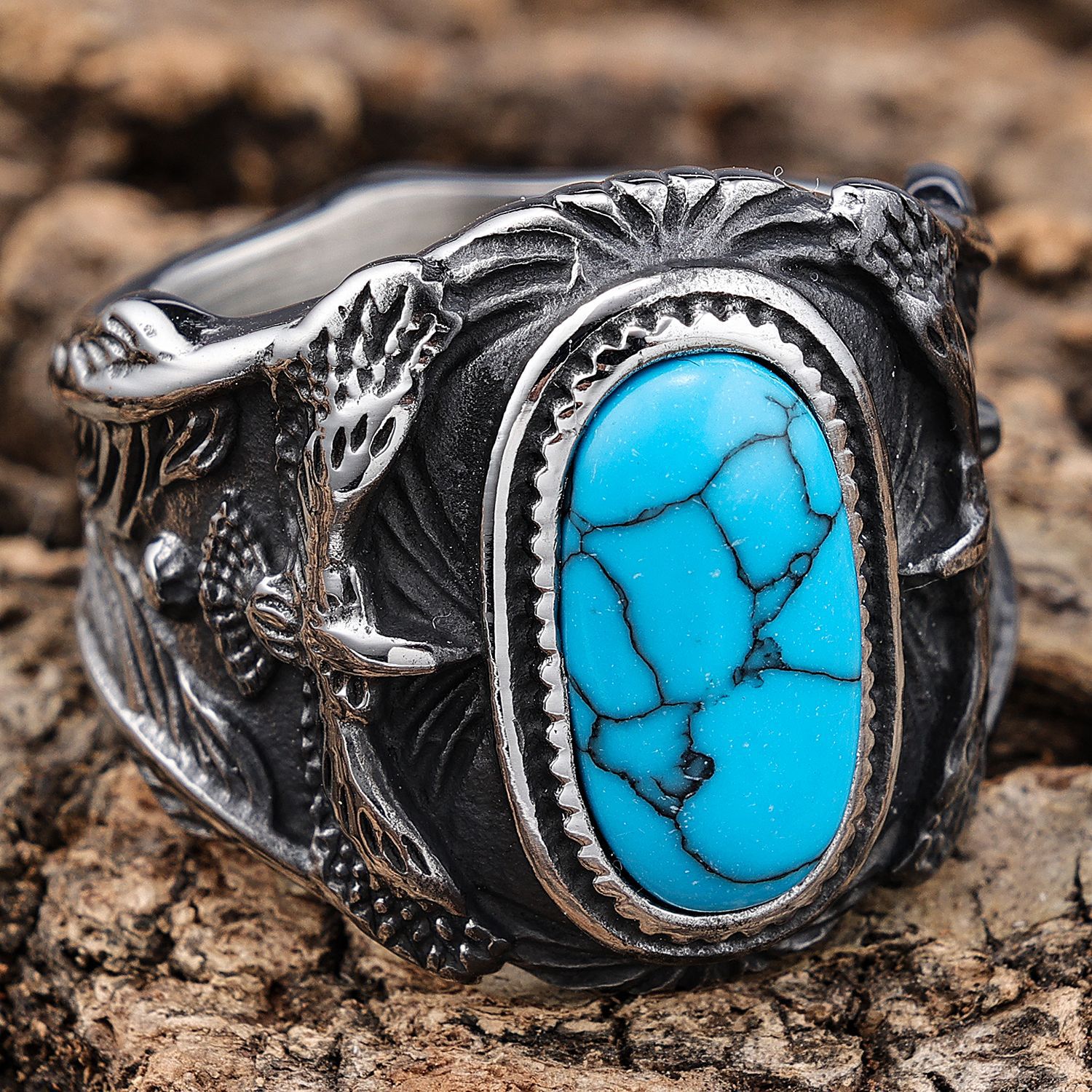 Mens Vintage Turquoise Stone Ring Gothic Biker Stainless Steel Jewelry Size 7-14 - Picture 10 of 10