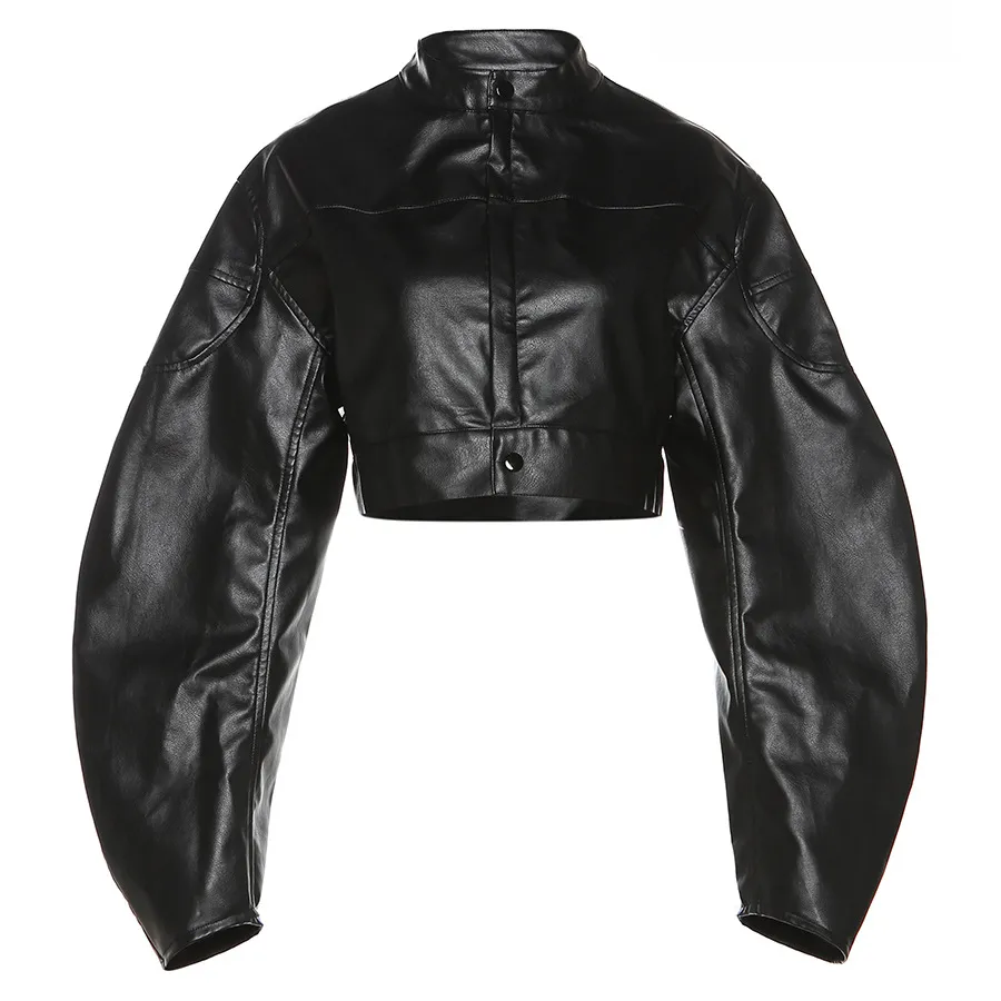 Single-breasted Leather Coat Midriff-baring Loose Coat - Black