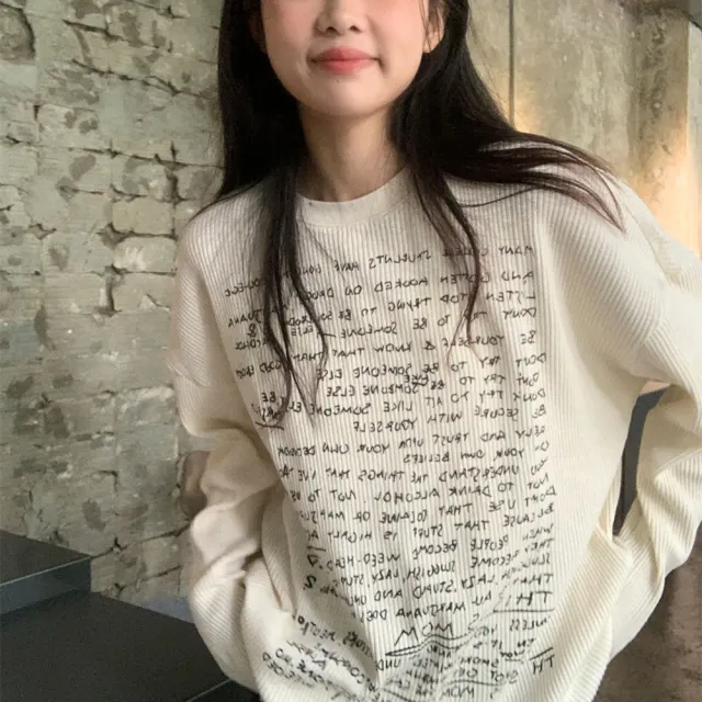 Sweet Style Shoulder Long Sleeve Letter Print T shirt Slim Fit White Base Top White Long Style - Shop at LoveMi