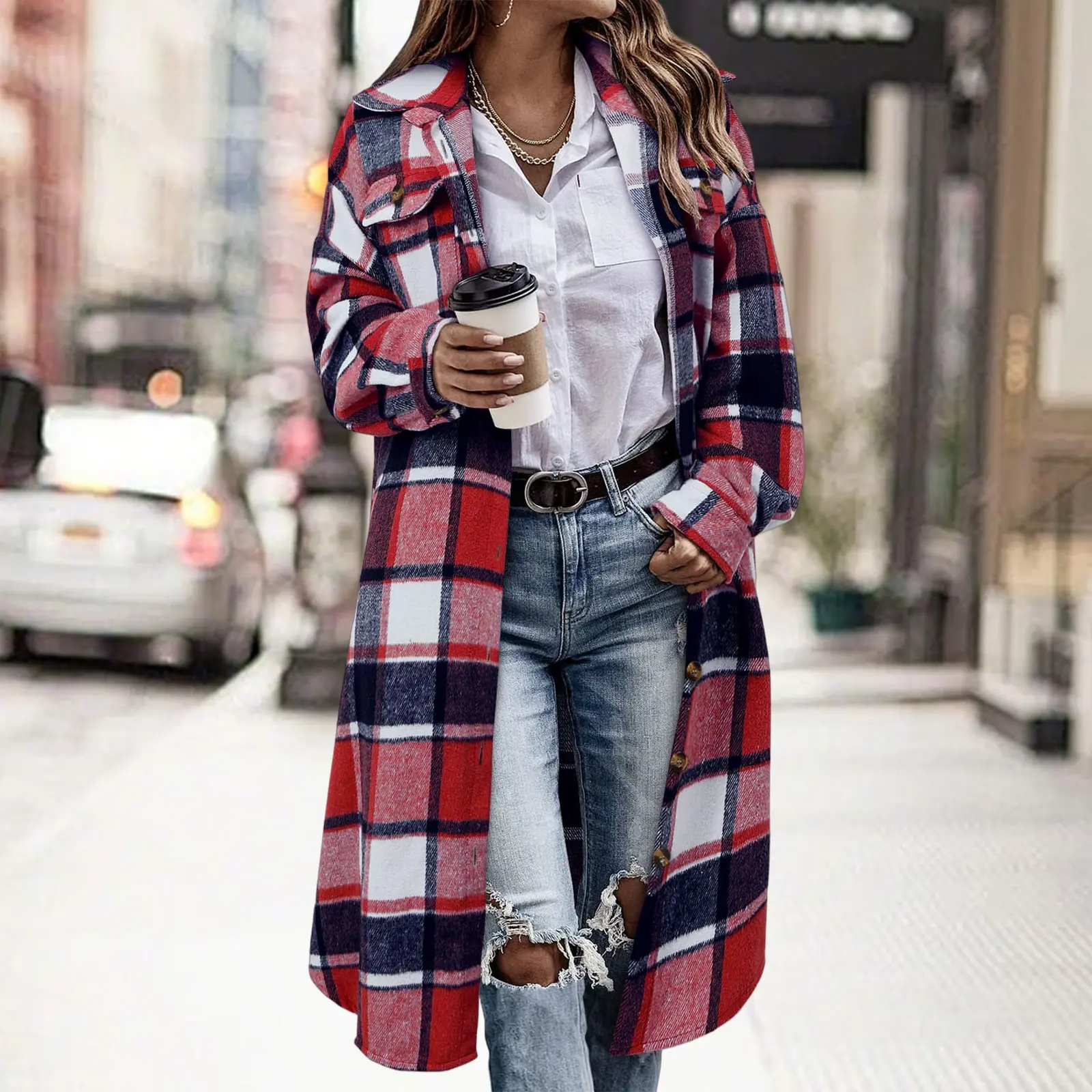 FallWinter Lapel Drop-shoulder Casual Plaid Shirt