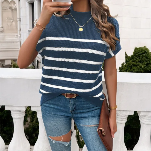 Spring And Summer Contrast Color Temperament Pullover Sweater Blue - Shop at LoveMi