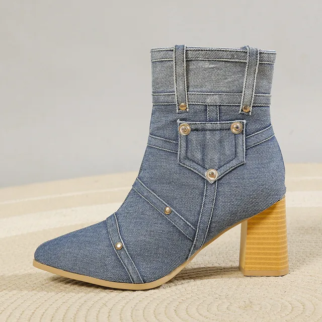 Denim Pointed Toe Chunky Heel Martin Boots Women Blue - Shop at LoveMi