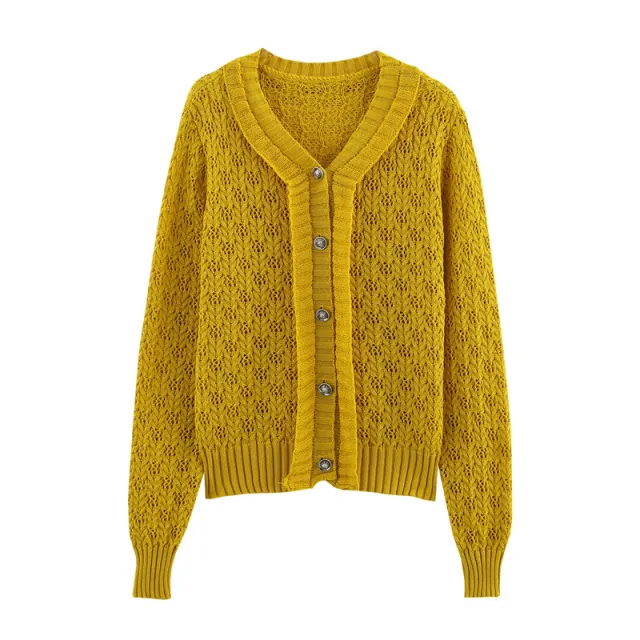 Lemon Yellow Ruffled Hollow out Short Knitted Cardigan Yellow - Shop at LoveMi