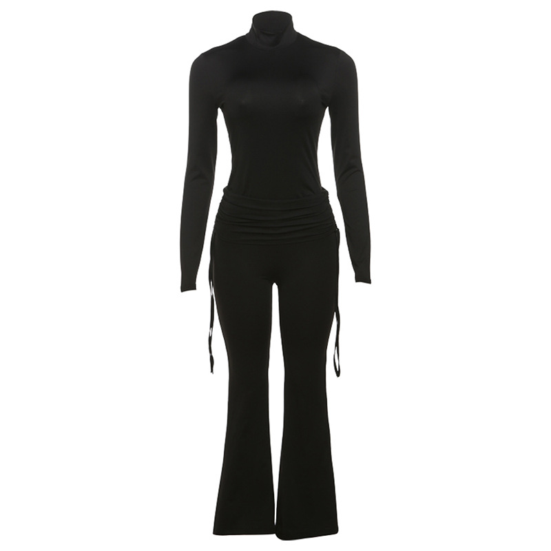 Casual Solid Color Turtleneck Drawstring Ruffle Slim Pants Suit