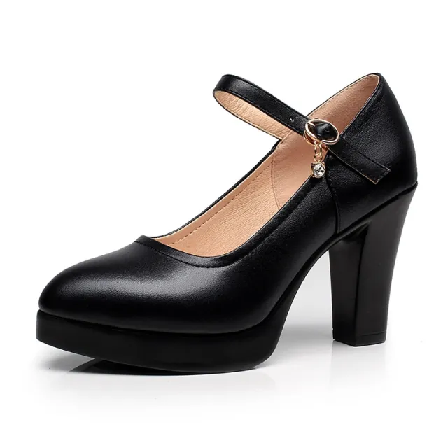 Women's Casual Round Head Chunky Heel Buckle High Heels Black - Shop at LoveMi