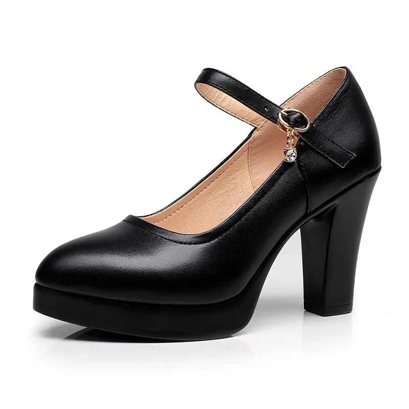 Women's Casual Round Head Chunky Heel Buckle High Heels - Black