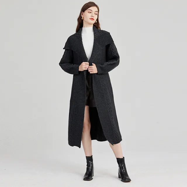 Autumn And Winter Western Style European And American Style Loose Large Twist Lapel Sweater Coat With Belt Cardigan Dark Gray - Shop at LoveMi