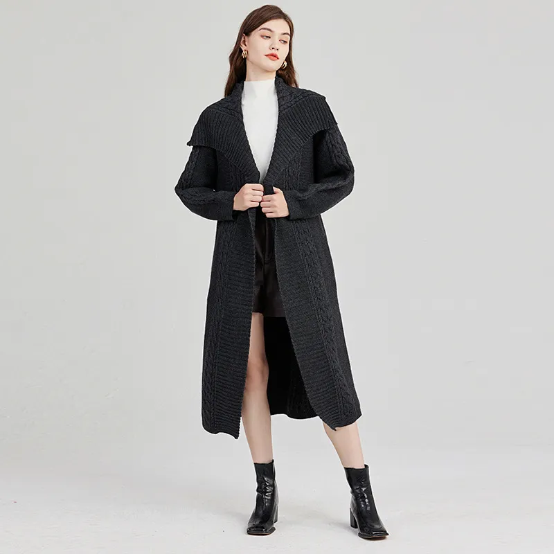 Autumn And Winter Western Style European And American Style Loose Large Twist Lapel Sweater Coat With Belt - Cardigan Dark Gray