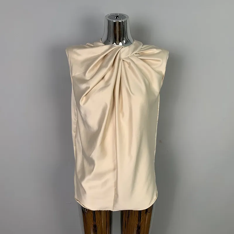 Twist Pleated Single-breasted Sexy All-matching Sleeveless Shirt - Champagne