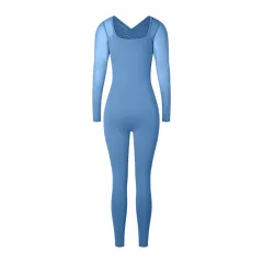Back Pleated Hollow Sexy Mesh Long Sleeve Jumpsuit - Denim Blue - View 1