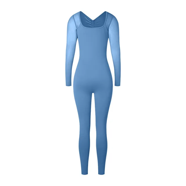 Back Pleated Hollow Sexy Mesh Long Sleeve Jumpsuit Denim Blue - Shop at LoveMi