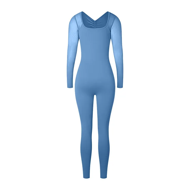 Back Pleated Hollow Sexy Mesh Long Sleeve Jumpsuit - Denim Blue