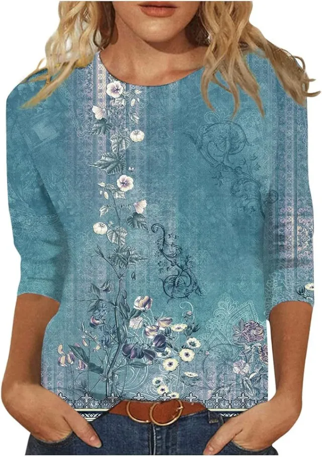 Women's Top Three quarter Sleeve Summer Ethnic Floral Slim Fit Cute Top Round Neck Slim Fit Printed T shirt Tx7354 - Shop at LoveMi