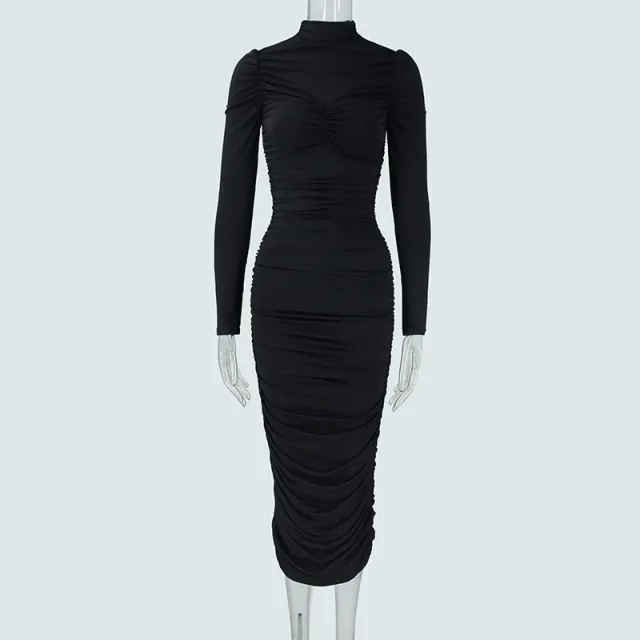 Long sleeve, Cinched waist, Pleated Mini Dress Black - Shop at LoveMi