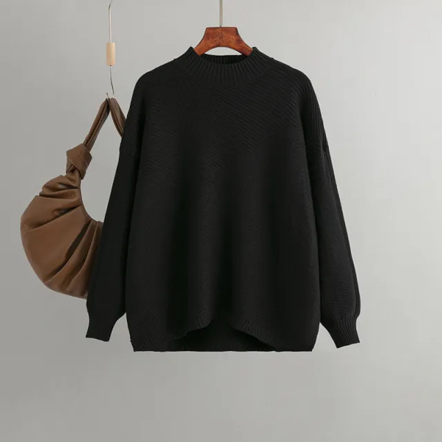 Retro Loose Oversized Long Sleeves Top Solid Color Pullover Sweater Black - Shop at LoveMi