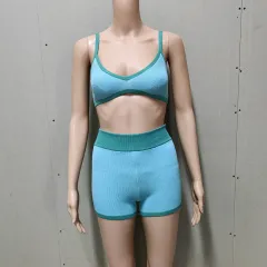 Summer Women's Contrast Colour Suspender Top Shorts Knitting Suit - Peacock Blue Dark Green - View 1