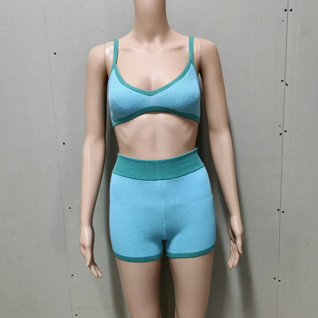 Summer Women's Contrast Color Suspender Top Shorts Knitting Suit Peacock Blue Dark Green - Shop at LoveMi