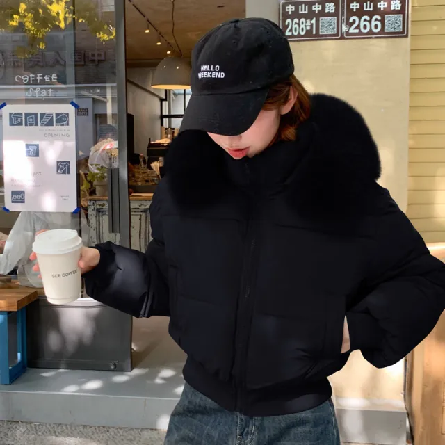 Thick Warm Hooded Short Big Fur Collar Loose Petite Cotton padded Coat Black - Shop at LoveMi