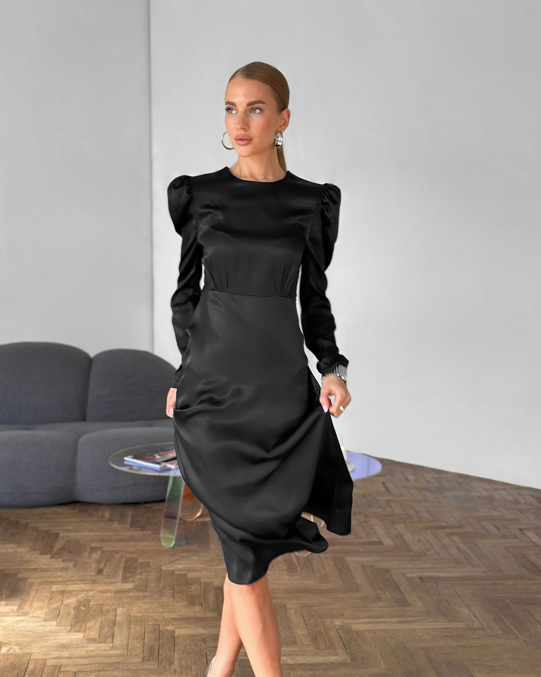 Title 2, Satin Round Neck Puff Sleeve Dress