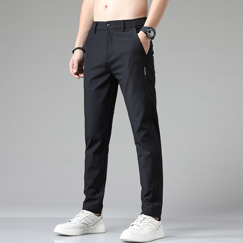 Mens Ice Silk All-Match Elastic-Waist Casual Pants With Fleece Lining For Autumn