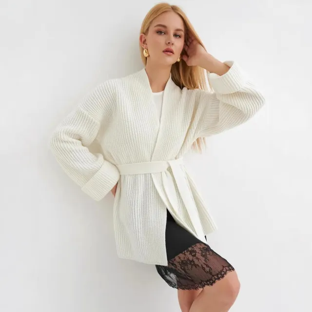 Women's Knitted Sweater Top Coat Lace up Cardigan Ivory White - Shop at LoveMi