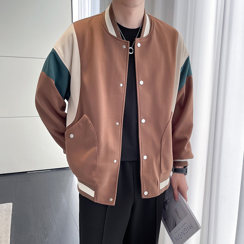 Men's Youth Stand Collar Stitching Casual Cotton Baseball Uniform Jacket Coat