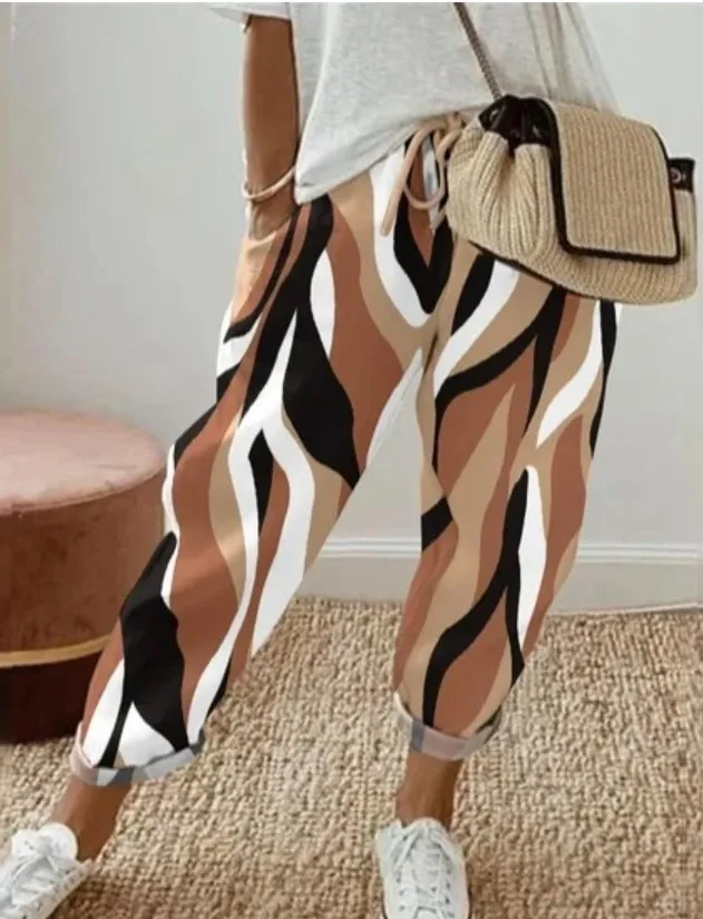 Spring New Women's Casual Printed Elastic Waist With Pockets Cropped Straight Pants Style4 - Shop at LoveMi