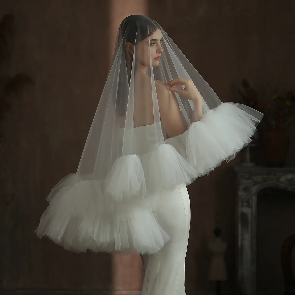 Heavy Industry Ruffled Bridal Veil White Double