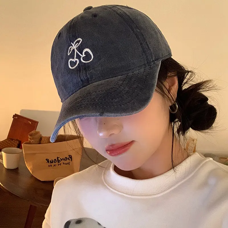 Cherry Embroidered Baseball Cap Soft Top Wide Brim Cover