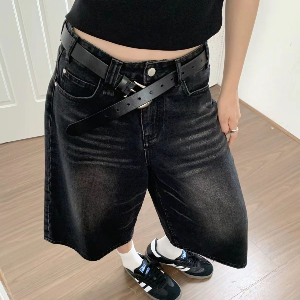 High Waist Wide Leg Cropped Denim Shorts Men's Design Sense