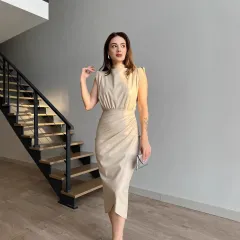 Women's Solid Colour High Waist Stitching Pleated Slim Dress - Apricot - View 1