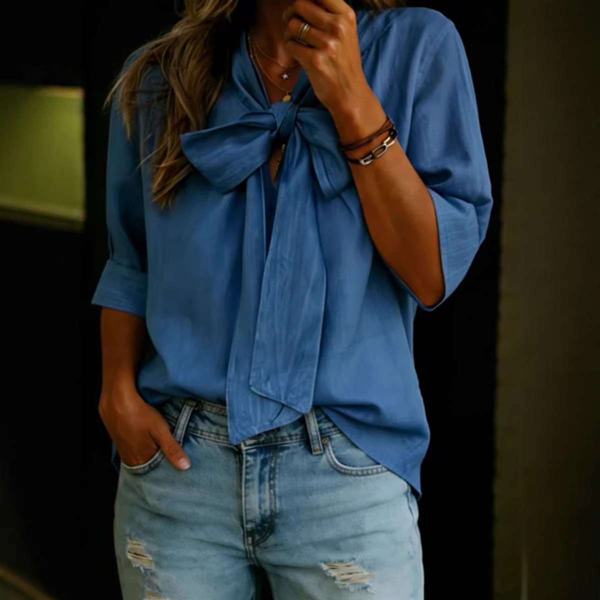 V-neck Bow-knot Loose-fit Three-quarter Sleeve Womens Top